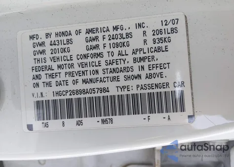 2008 Honda Accord 2.4 Ex-L z USA, uszkodzony, nr VIN 1HGCP26898A057984